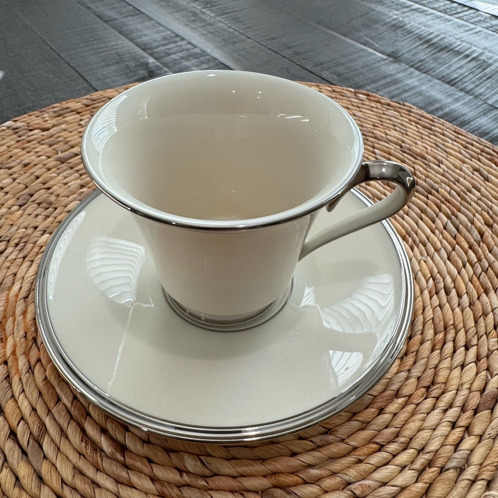 Lenox solitaire Elegant White Teacup and Saucer with Silver Trim